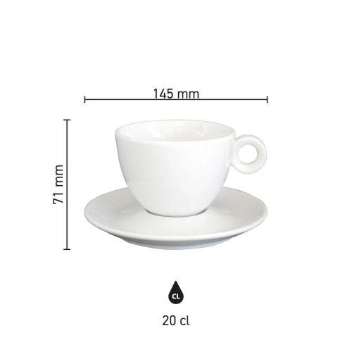 Infografik mit den Produktabmessungen des Porzellansets Bola cappuccino 20 cl.