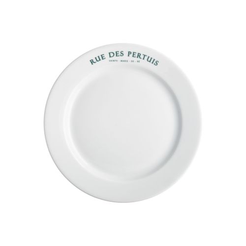 Weißer Teller mit breitem Rand, 17 cm, aus Porzellan, mit einfarbigem Logo von Rue des Pertuis am Rand