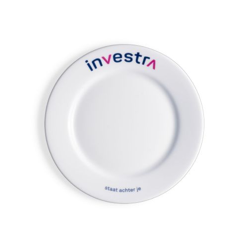 Teller mit breitem Rand aus weißem Porzellan, 17 cm, mit mehrfarbigem Investra-Logo auf der Vorderseite
