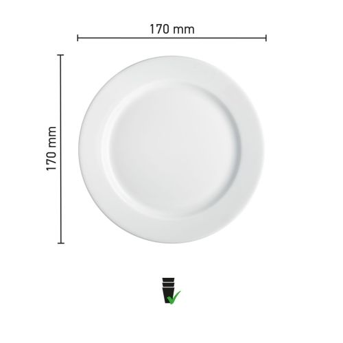 Maße der Platte mit breitem Rand, weiß, 17 cm, Porzellan, mit Durchmesser und Randbreite in einer Infografik