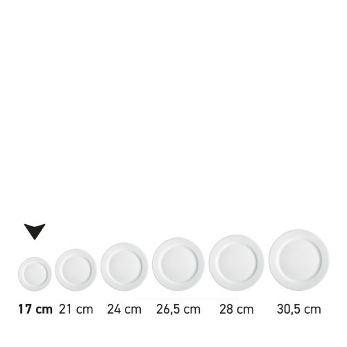 Teller mit breitem Rand, weiß, 17 cm, aus einer Serie; mehrere Exemplare nebeneinander abgebildet