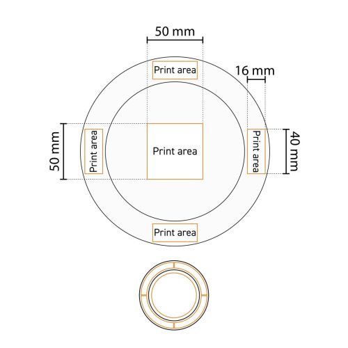 Technische Konstruktionszeichnung des Tellers mit breitem Rand, weiß, 21 cm, Porzellan, mit Angabe des Druckbereichs