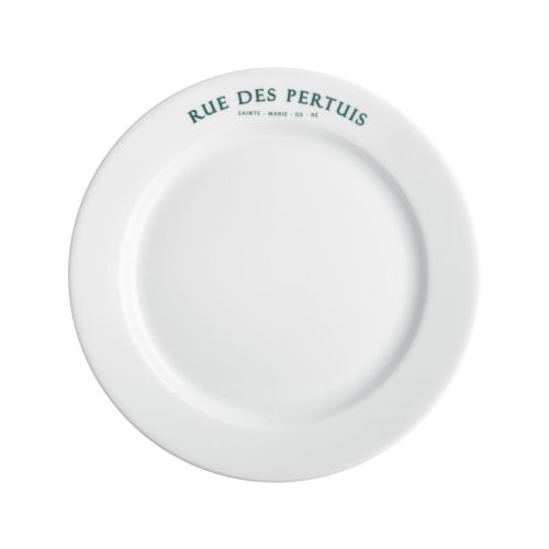 Weißer Teller mit breitem Rand, 21 cm, aus Porzellan, mit einfarbigem Logo von Rue des Pertuis am Rand