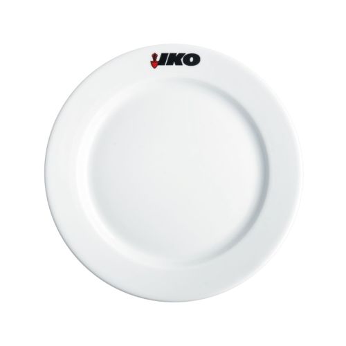 Teller mit breitem Rand, weiß, 21 cm, Porzellan, mit mehrfarbigem Iko-Logo am Rand