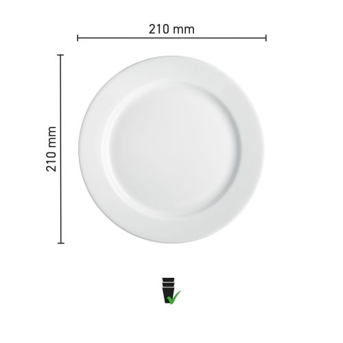 Maße der Platte mit breitem Rand, weiß, 21 cm, Porzellan, mit Durchmesser und Randbreite in einer Infografik