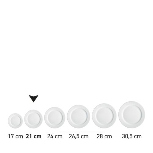 Teller mit breitem Rand, weiß, 21 cm, aus einer Serie; mehrere Exemplare nebeneinander abgebildet