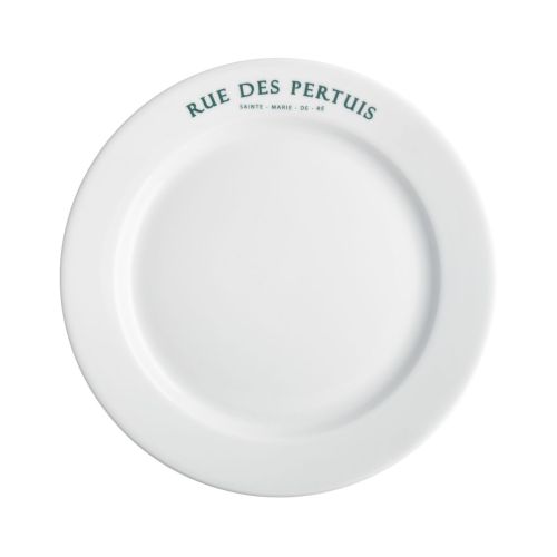 Weißer Teller mit breitem Rand, 24 cm, aus Porzellan, mit einfarbigem Logo von Rue des Pertuis am Rand