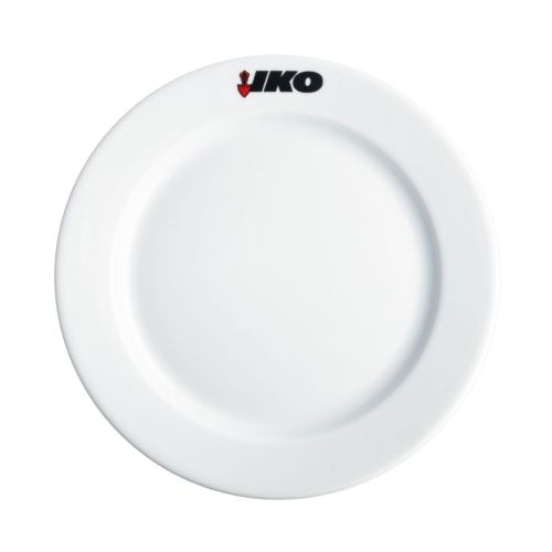 Weißer Teller mit breitem Rand, 24 cm, aus Porzellan, mit mehrfarbigem Iko-Logo am Rand
