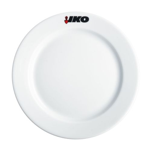Weißer Teller mit breitem Rand, 26,5 cm, aus Porzellan, mit mehrfarbigem Iko-Logo am Rand