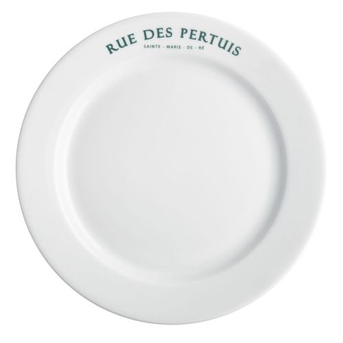 Weißer Teller mit breitem Rand, 28 cm, aus Porzellan, mit einfarbigem Logo von Rue des Pertuis am Rand