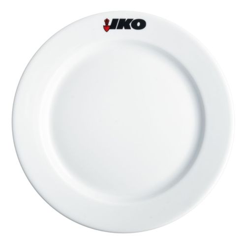 Weißer Teller mit breitem Rand, 28 cm, aus Porzellan, mit mehrfarbigem Iko-Logo am Rand