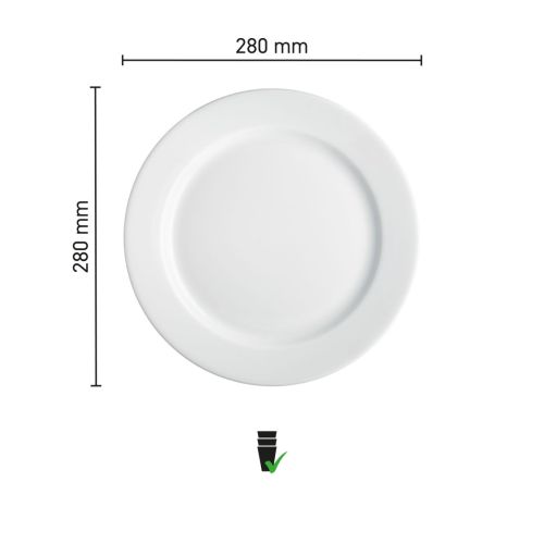 Maße der Platte mit breitem Rand, weiß, 28 cm, Porzellan, mit Durchmesser und Randbreite in einer Infografik