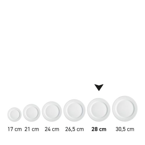 Teller mit breitem Rand, weiß, 28 cm, aus einer Serie; mehrere Exemplare nebeneinander abgebildet