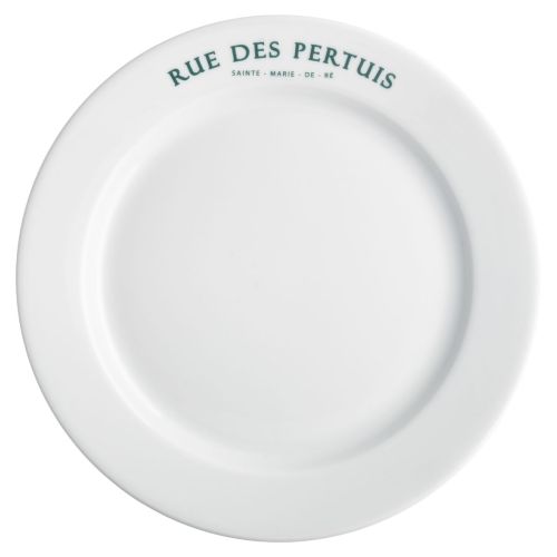 Weißer Teller mit breitem Rand, 30,5 cm, aus Porzellan, mit einfarbigem Logo von Rue des Pertuis am Rand