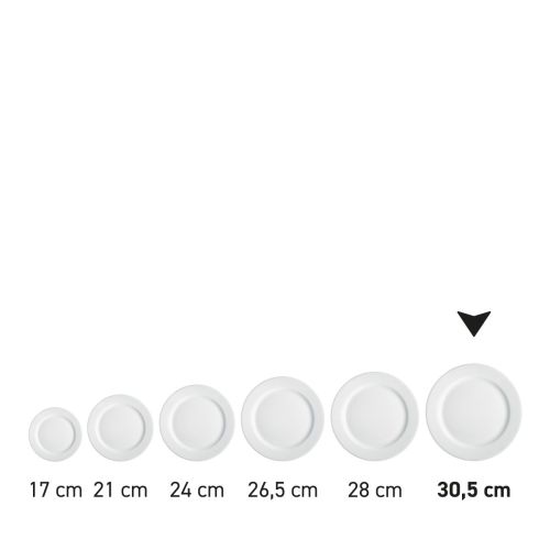 Teller mit breitem Rand, weiß, 30,5 cm, aus einer Serie, mehrere Exemplare nebeneinander abgebildet