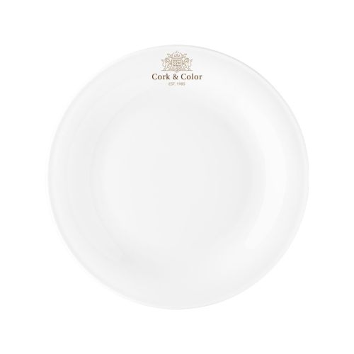 Teller Coup 21 cm Porzellan mit mehrfarbigem CorkColor-Logo auf der Vorderseite