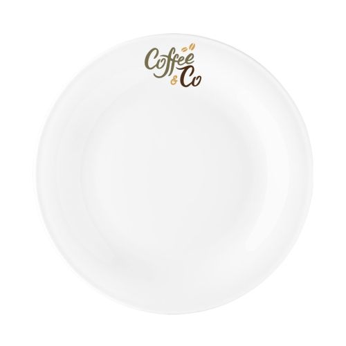 Teller Coup flach 24 cm Porzellan mit mehrfarbigem CoffeeCo-Logo auf der Vorderseite