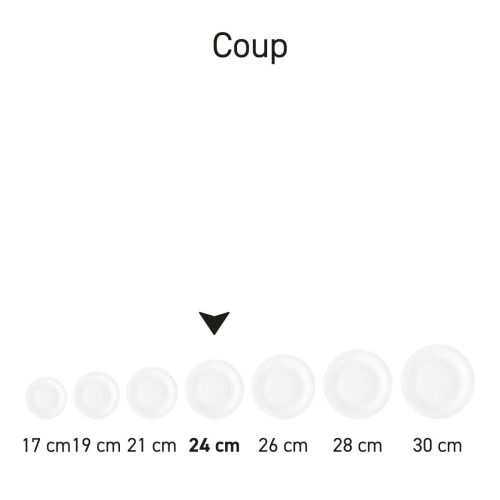 Teller Coup flach 24 cm Porzellan in Serie, mehrere Exemplare nebeneinander gezeigt