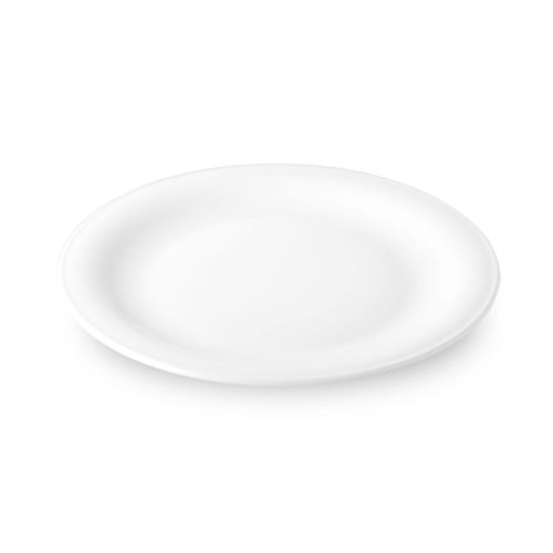 Teller Coup flach 24 cm Porzellan von der Seite, niedriger Rand und flacher Spiegel sichtbar
