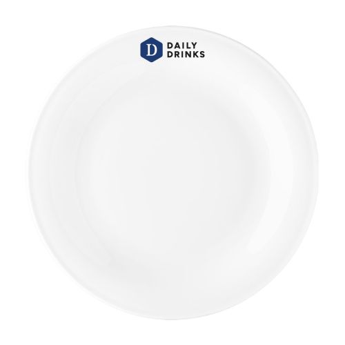 Teller Coup flach 26 cm Porzellan mit mehrfarbigem DailyDrinks-Logo auf der Vorderseite