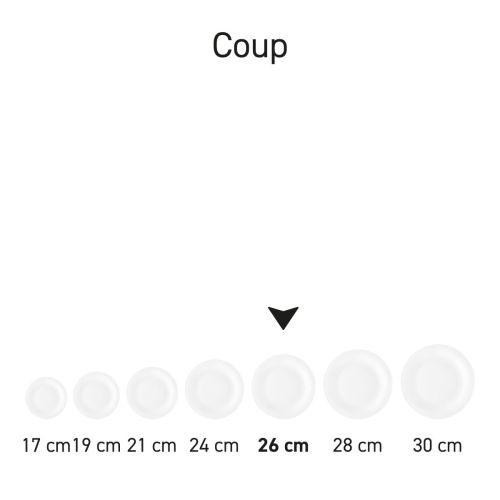 Teller Coup flach 26 cm Porzellan in Serie, mehrere Exemplare nebeneinander gezeigt