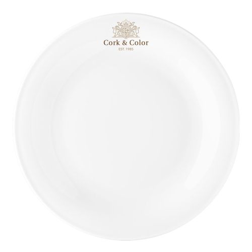 Teller Coup 28 cm weißes Porzellan mit mehrfarbigem CorkColor-Logo auf der Vorderseite