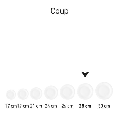 Teller Coup 28 cm weißes Porzellan in Serie, mehrere Exemplare nebeneinander gezeigt
