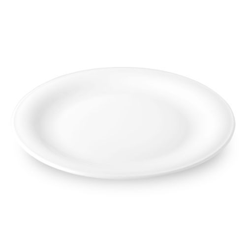 Teller Coup 28 cm weißes Porzellan von der Seite, niedriger Rand und flacher Spiegel sichtbar