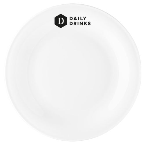 Teller Coup flach 30 cm aus weißem Porzellan mit einfarbigem DailyDrinks-Logo auf der Vorderseite