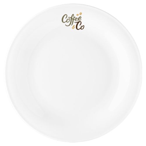 Teller Coup flach 30 cm aus weißem Porzellan mit mehrfarbigem CoffeeCo-Logo auf der Vorderseite
