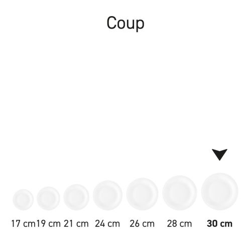 Teller Coup flach 30 cm aus weißem Porzellan in Serie, mehrere Exemplare nebeneinander gezeigt