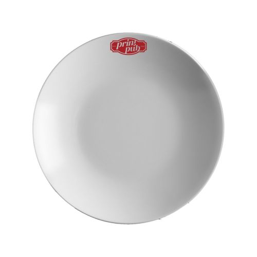 Porzellanteller Isabelle 23 cm mit einfarbigem PrintPub-Logo auf der Vorderseite.