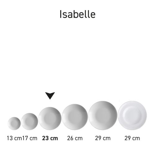 Serienanordnung von tiefen Porzellantellern Isabelle in verschiedenen Kombinationen.