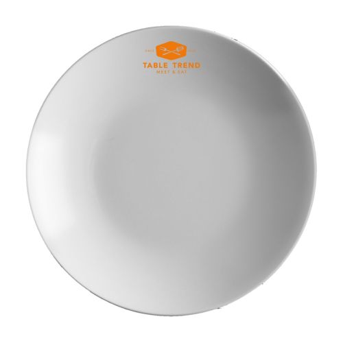 Tiefer Teller Isabelle 26 cm aus Porzellan mit einfarbigem TableTrend-Logo auf der Vorderseite.