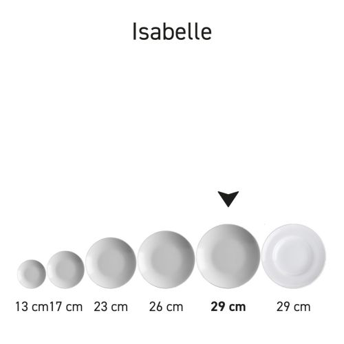 Serienanordnung von Isabelle tiefen Tellern aus Porzellan in einer kompletten Geschirrpräsentation.