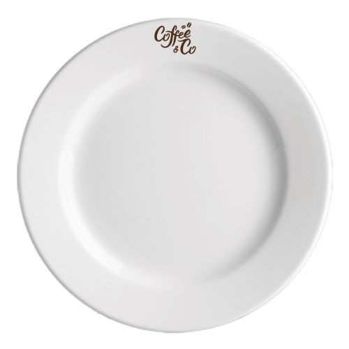Teller Princip 27 cm mit einfarbigem CoffeeCo-Logo in der Mitte des weißen Porzellans.