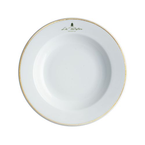 Teller „Princip“, 23 cm tief, aus Porzellan, mit einfarbigem Logo von Le Bistro Deventer auf der Vorderseite