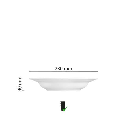 Infografik mit den Abmessungen der tiefen Princip-Platte 23 cm, einschließlich Durchmesser und Tiefe. Infografik mit den Abmessungen der tiefen Princip-Platte 23 cm, einschließlich Durchmesser und Tiefe.