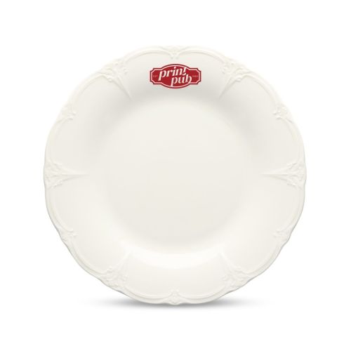 Vorderansicht des weißen Porzellantellers Retro 21,5 cm mit rotem PrintPub-Logo in der Mitte des Tellers.