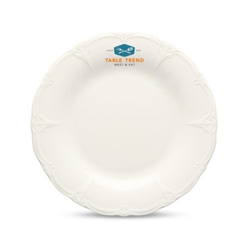 Porzellanteller Retro 21,5 cm mit mehrfarbigem TableTrend-Logo in der Mitte der Vorderansicht.