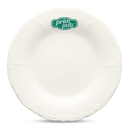 Vorderansicht des Tellers Retro 27 cm Porzellan mit einfarbigem PrintPub-Logo in der Mitte.