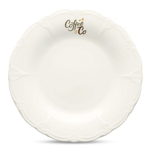 Teller Retro 27 cm Porzellan mit mehrfarbigem CoffeeCo-Logo auf der Vorderseite, gut sichtbar.