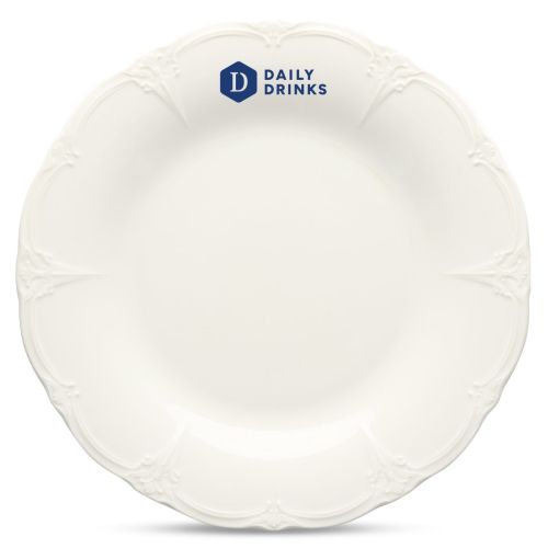 Porzellanteller Retro 32 cm mit einfarbigem DailyDrinks-Logo mittig auf der Vorderseite.