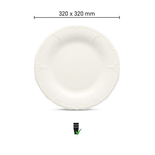 Infografik des Tellers Retro 32 cm mit Porzellanspezifikationen und Durchmesser im Bild.