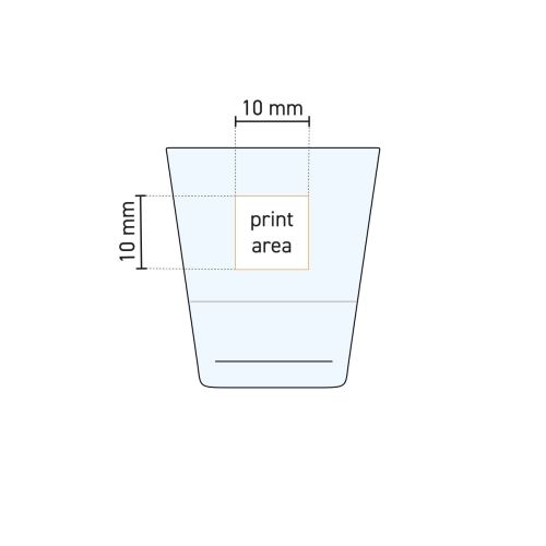 Technische Arbeitszeichnung des Schnapsglas Grande S Stapelbar 7,2 cl. mit Markierung der Druckfläche für das Logo. Technische Arbeitszeichnung des Schnapsglas Grande S Stapelbar 7,2 cl. mit Markierung der Druckfläche für das Logo.