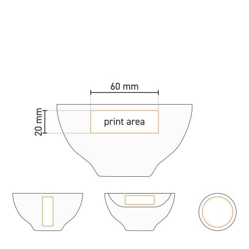 Technische Arbeitszeichnung einer Schüssel weiß 12 cm mit Angabe der Druckfläche auf der Außenseite.