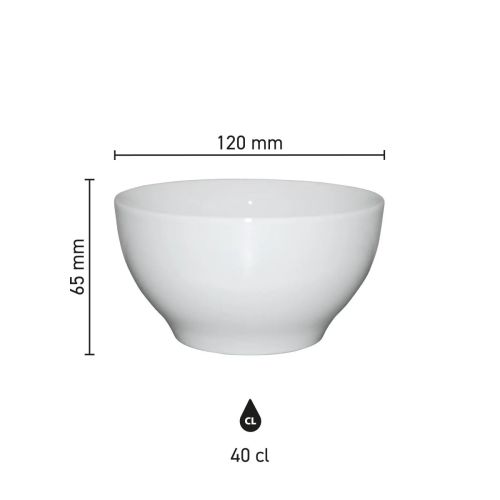Infografik mit den Produktabmessungen der Schüssel weiß 12 cm Porzellan, zeigt Durchmesser, Höhe und Fassungsvermögen.
