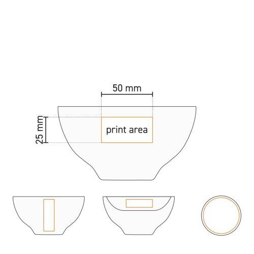 Technische Arbeitszeichnung der Schale weiß 13,5 cm Porzellan mit Druckbereich für Druck oder Gravur.