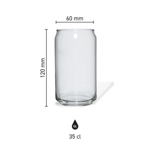 Maße des Can-Glases 35 cl mit Höhe, Durchmesser und Fassungsvermögen in einer Infografik