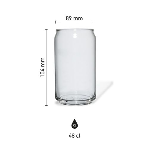 Maße des Can-Glases 48 cl mit Höhe, Durchmesser und Fassungsvermögen in einer Infografik